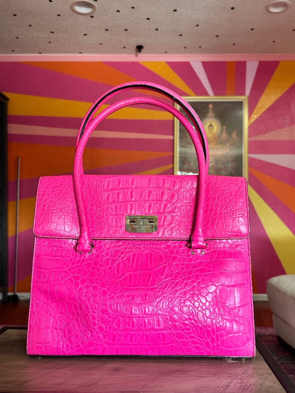 Vintage/Y2K Kate Spade Croc-Embossed Flap Bag - Vibrant Hot Pink